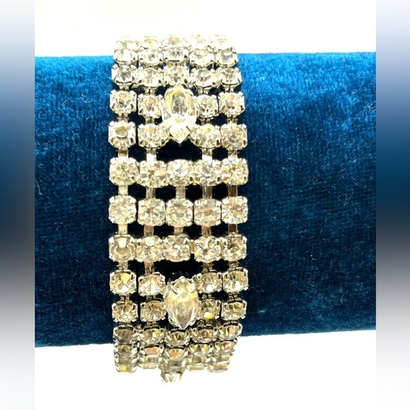 Vintage WEISS signed Clear Rhinestones Wide 5 Row Bracelet 1950 Art Deco - Picture 1 of 14
